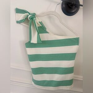bishop + young One-Shoulder Striped Tank with Bow - White & Green